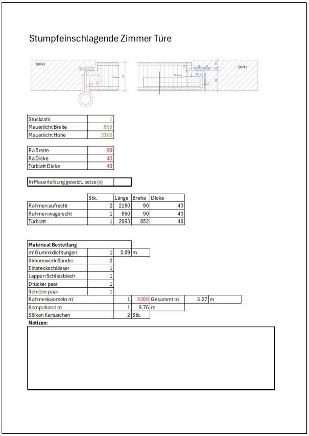 Stumpfeinschlagende Rahmentüre Excel Ansicht